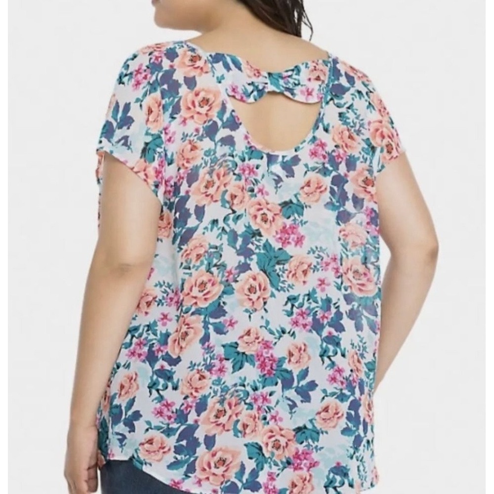 Torrid Women 2X Floral‎ Rose Chiffon Bow Back Dolman Short Sleeve White Top Mesh